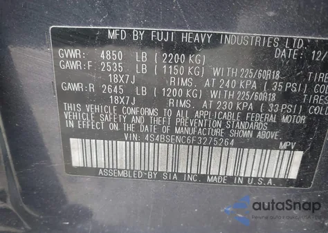 2015 Subaru Outback 3.6R Limited from USA, damaged, VIN 4S4BSENC6F3275264